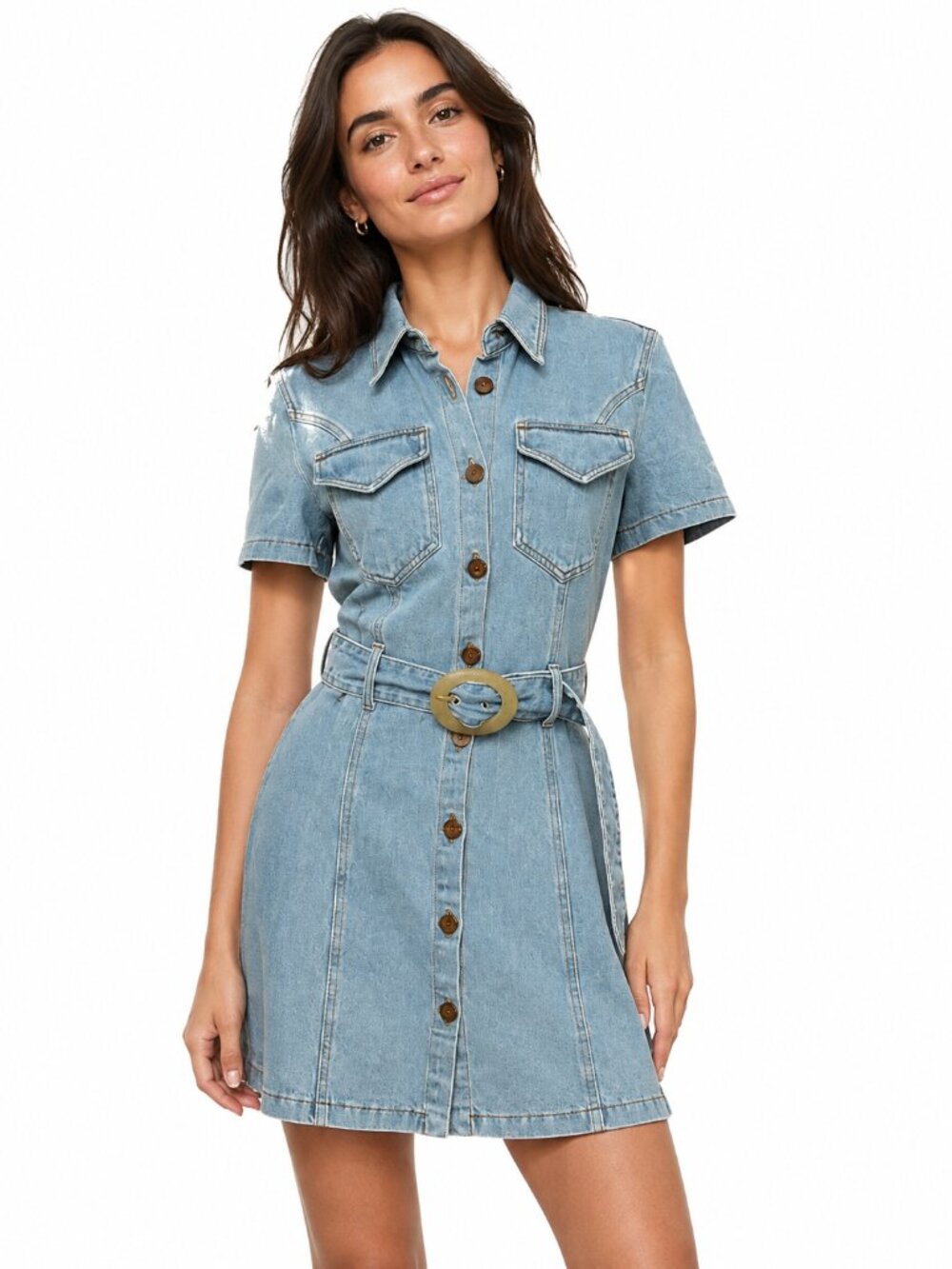 Nanushka Mora Blue Denim Mini Dress Belted Shirt Dress Button Down Retro Size S